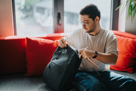 Young student packing backpack for a new school dayの写真素材