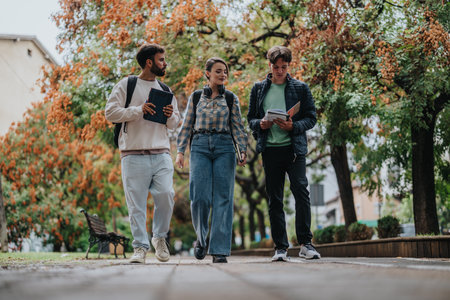 Students discussing while walking through a park in autumnの写真素材