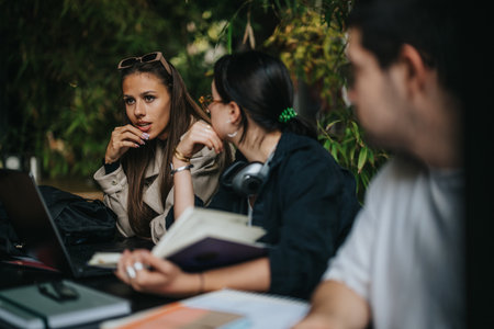 A group of students engaged in discussion and studying together.の写真素材