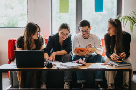 Group of students collaborating on school project indoorsの写真素材