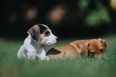 Adorable puppies relaxing together on a sunny day outdoors