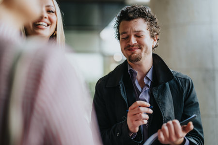 Smiling business professionals enjoying an informal outdoor meetingの写真素材