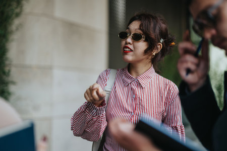 Business professional engaging in an outdoor meeting discussion