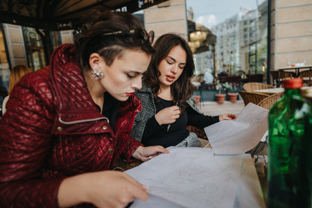 Focused business meeting outdoors with two people reviewing documents