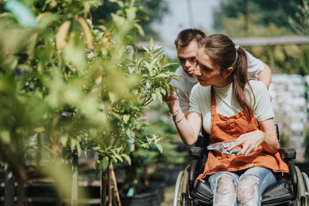 Inclusive gardening with a young woman and man outdoors