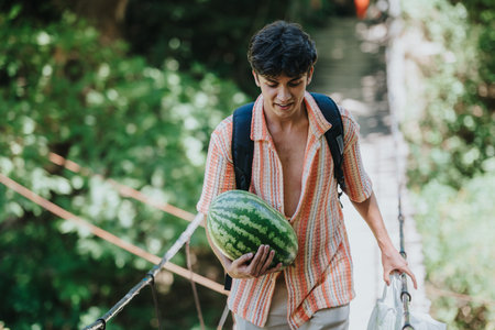 Young man carrying watermelon on suspension bridge in natureの写真素材