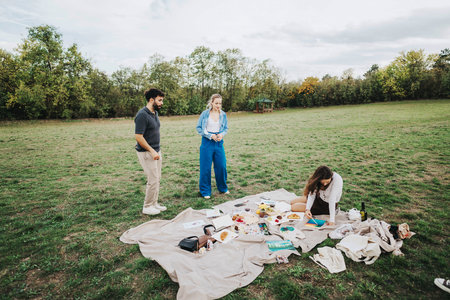 Group of friends enjoying a picnic in a green park settingの写真素材