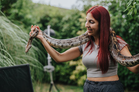 Girl interacting with large snake in lush outdoor setting