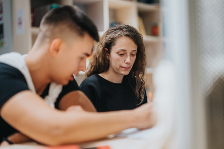 High school students focused on studying in the libraryの写真素材