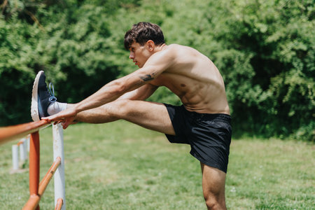 Fit male athlete stretching outdoors in a park for a workoutの写真素材