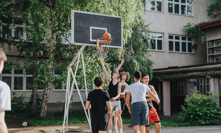 Energetic group of friends playing basketball on an old neighborhood court, showcasing teamwork and friendship under the sun with a focus on the joy of outdoor activities and fitness.の写真素材