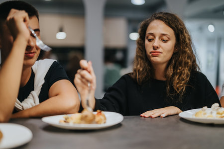 High school students sharing a meal in a casual settingの写真素材