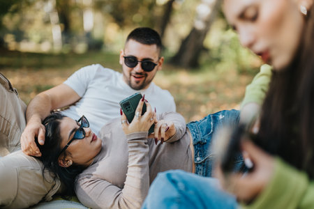 Friends relaxing in the park with smart phones on a sunny dayの写真素材
