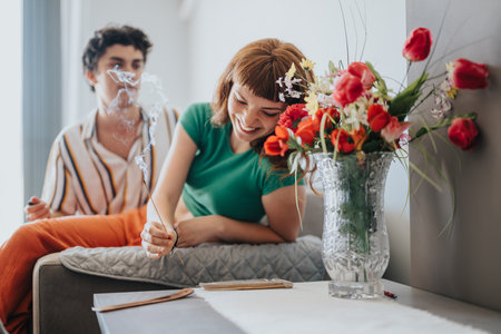 Friends enjoying a cozy afternoon with incense and flowers