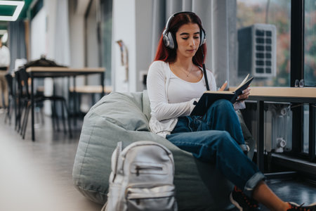 High school student studying in a modern library lounge areaの写真素材