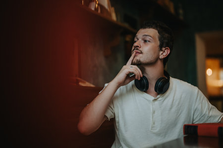 Young man deep in thought with headphones around neckの写真素材