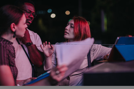Diverse team engaged in nighttime meeting and brainstorming sessionの写真素材