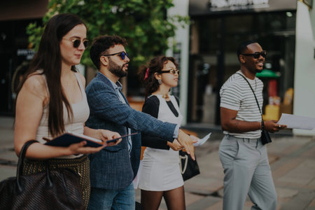 A group of business professionals discuss and review documents in a lively city environment.の写真素材