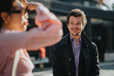 Smiling man outdoors engaged in cheerful conversationの写真素材