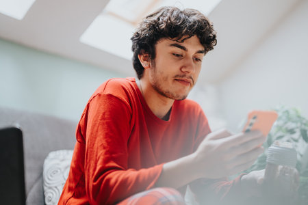 Young man in red sweater engaged with smart phone at homeの写真素材