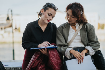 Two businesswomen collaborating on documents outdoorsの写真素材
