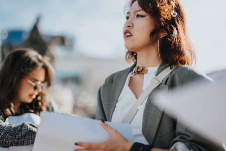 Confident young businesswoman outdoors holding documents in urban settingの写真素材
