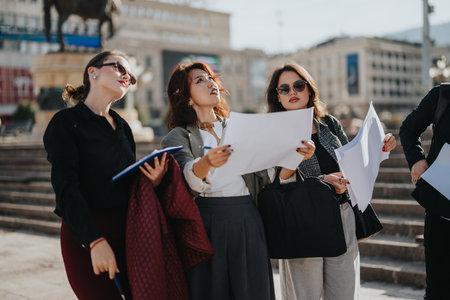 Business people discussing plans outdoors in urban settingの写真素材