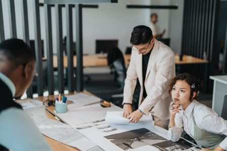 Team collaboration and innovation in a modern workspace environmentの写真素材