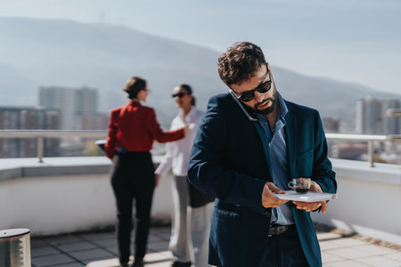 A business professional multitasks on a rooftop, talking on the phone with a tablet in hand.の写真素材