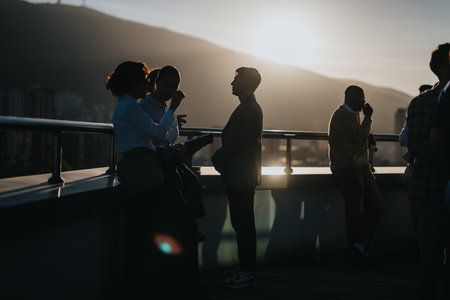 Diverse colleagues brainstorming on a balcony at sunset