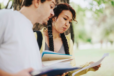 Multicultural students studying together in a serene park settingの写真素材