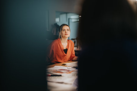 Focused businesswoman collaborating in modern office meeting environmentの写真素材