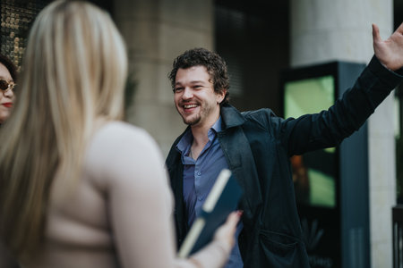 Smiling business people having a lively outdoor conversation