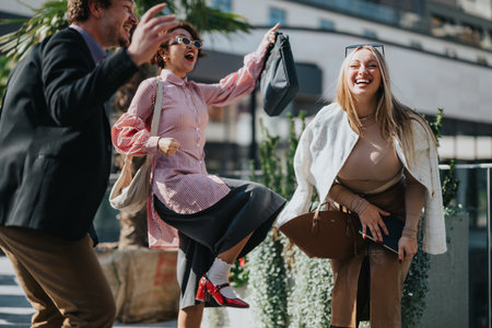 Multicultural business team celebrating success in urban outdoor setting