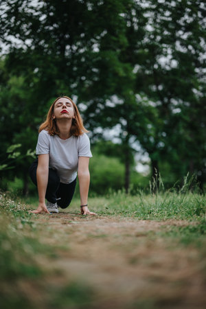 Woman preparing for a run in a scenic green park