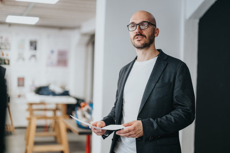 Confident male teacher holding papers in a modern classroom