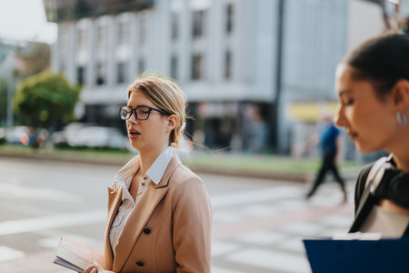 Business people engaged in a lively city street discussionの写真素材