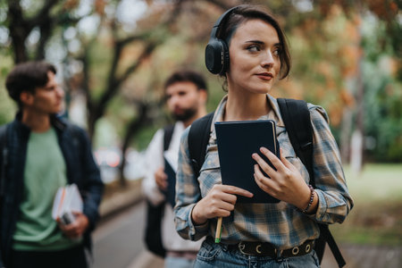 Students walking outdoors enjoying a casual study breakの写真素材