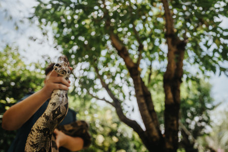 Young girl holds a snake in a lush outdoor settingの写真素材