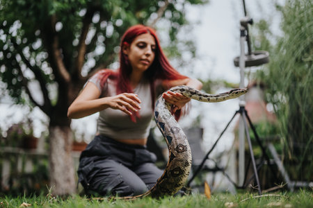 Girl handling a large snake outdoors in a natural settingの写真素材