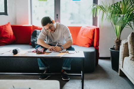 Young male student studying diligently in a cozy home environment