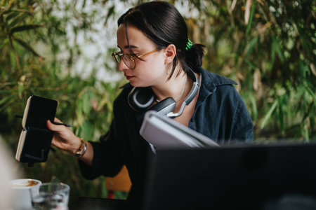 Teen focused on assignments while studying in a cozy coffee bar