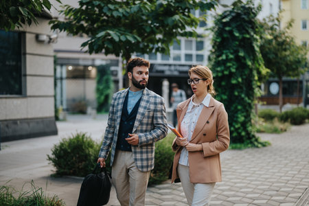 Business people brainstorming ideas during outdoor meeting in urban areaの写真素材