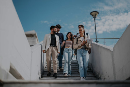 Group of students walking outdoors with their professor on stairsの写真素材