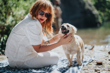 Woman enjoying a sunny day by the river with her happy dog