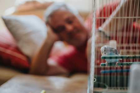 Serene moment of a man relaxing at home with his pet bird in a colorful cage nearbyの写真素材