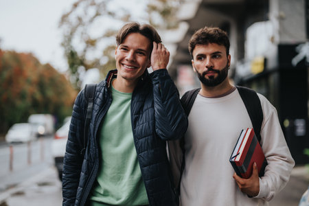 Two students discussing while walking outdoors on campusの写真素材