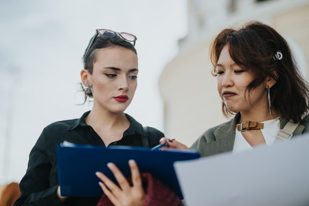Two business women discussing project outdoors with clipboardの写真素材