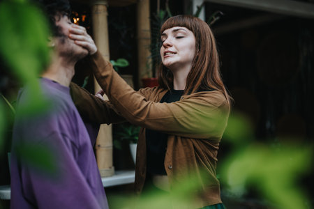 Woman playfully covering mans face in a garden settingの写真素材