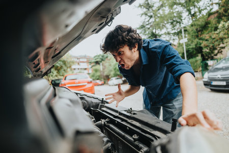Frustrated man examining car engine breakdown on roadsideの写真素材